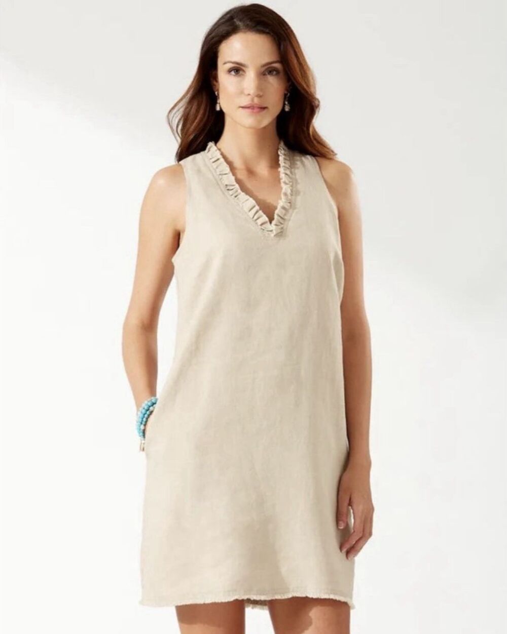 Tommy Bahama Linen Dress Women's Large Beige Two Palms Ruffle Neck Raw Hem Lined